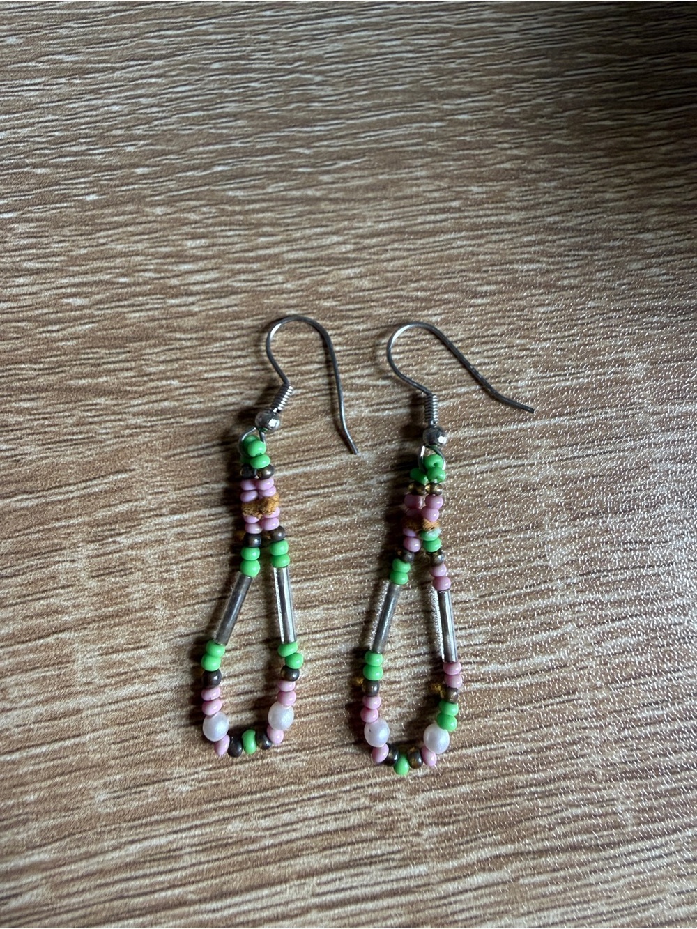 Handmade Pink and Green Beaded Drop Earrings